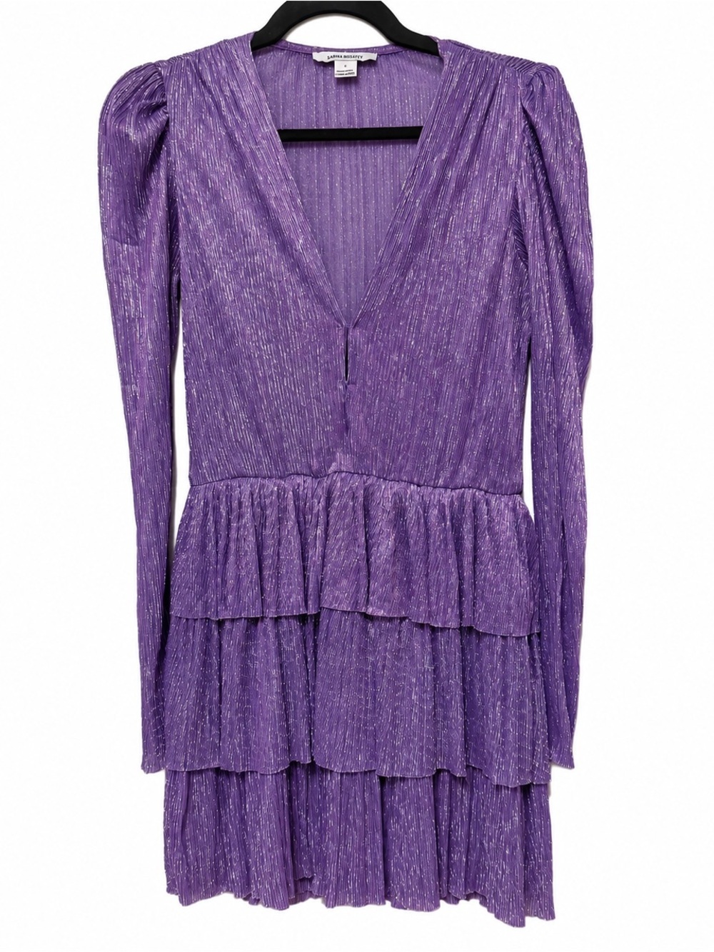 Sabina Musayev| Carry Purple Metallic Tiered Mini Dress Wedding Guest S